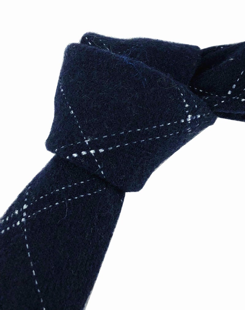 Secdtie Men Skinny Navy Blue Silk Wool Ties Classic Cotton Timeless Check Formal Neckties 2.4" for Groom - Image 2